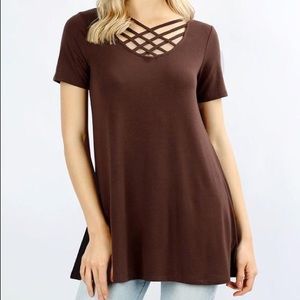 Zenana Short Sleeve Triple Criss Cross Top